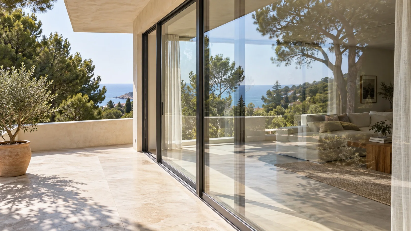 Imagen de ambientación: una terraza mediterránea y su fachada de cristal